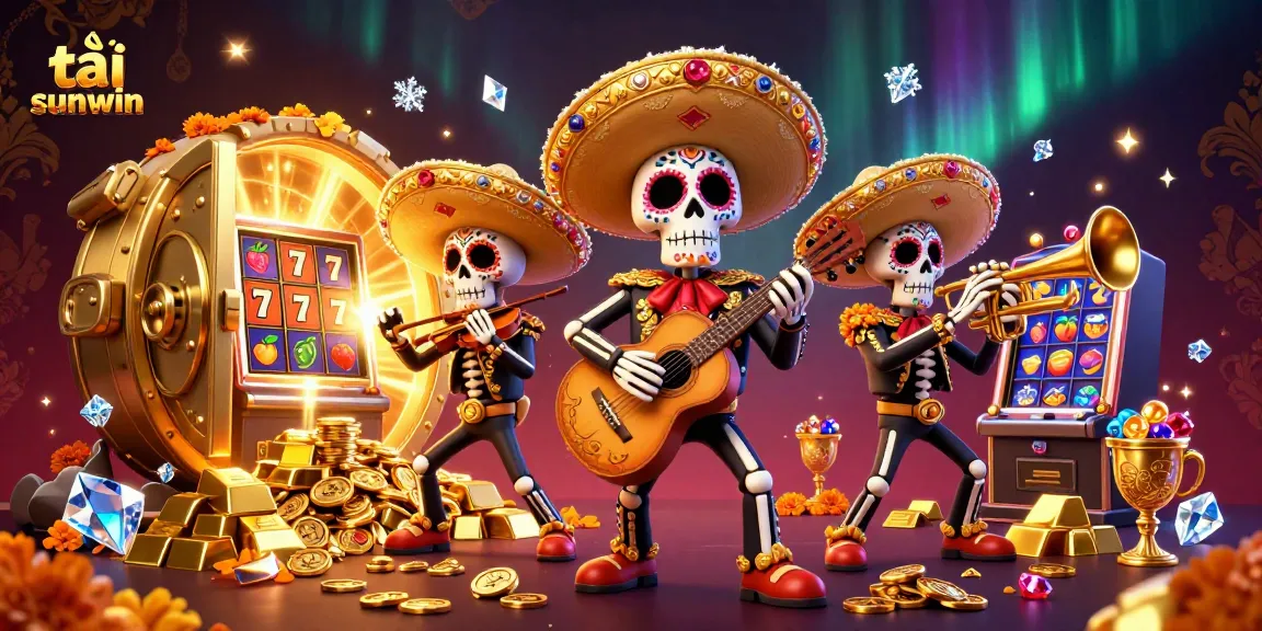 Spin slots with a vibrant tải sunwin mariachi band amidst treasure and jewels.