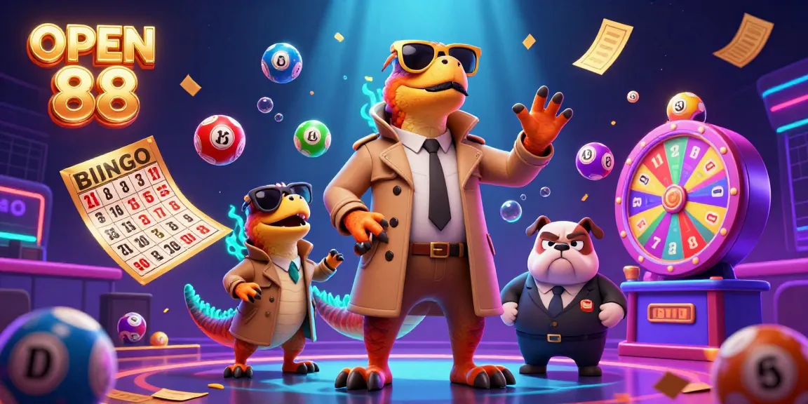 Experience the thrill of OPEN 88 with three cartoon raptors sneaking into a VIP casino scene filled with lottery excitement.