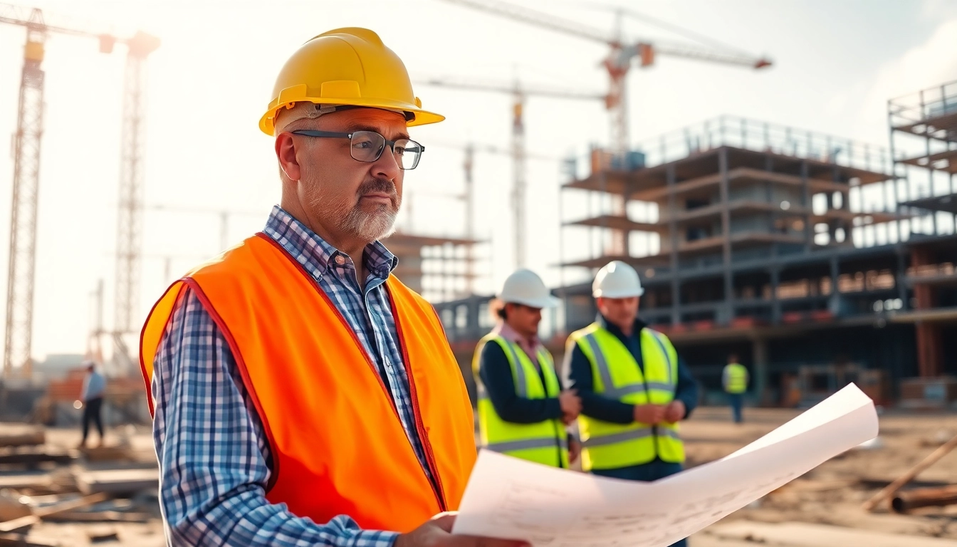 New Jersey Construction Manager reviewing blueprints at a busy construction site.