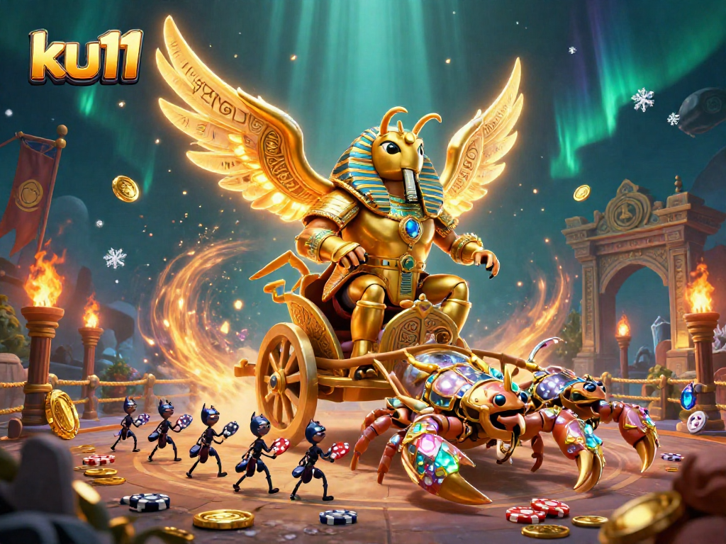 Experience the thrill of ku11 in this dynamic scene with a golden scarab beetle and gaming elements.
