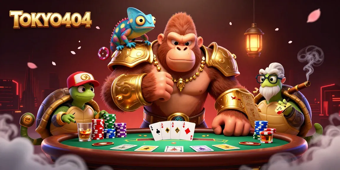 Engage in vibrant casino action with TOKYO404's stunning 3D gorilla king, chameleon spy, and tortoise elder.