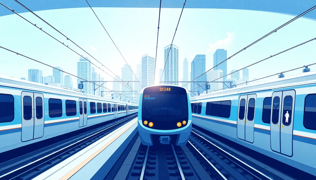 Modern rail systems company at a bustling train station featuring sleek trains and commuters.