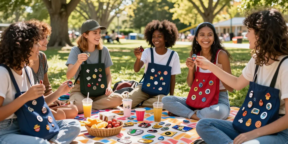 Custom acrylic pins exchanged among friends at a lively picnic in the park, showcasing unique designs and community spirit.