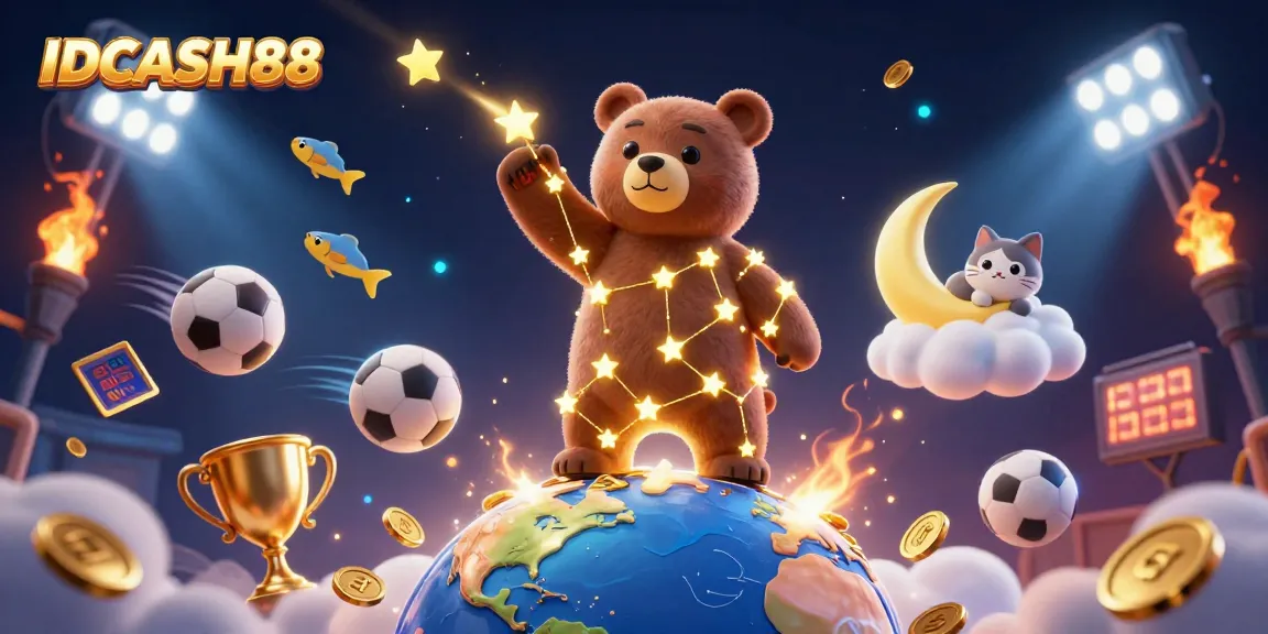 Engage with IDCASH88 as the constellation bear scoops coins in a vibrant sports betting scene.