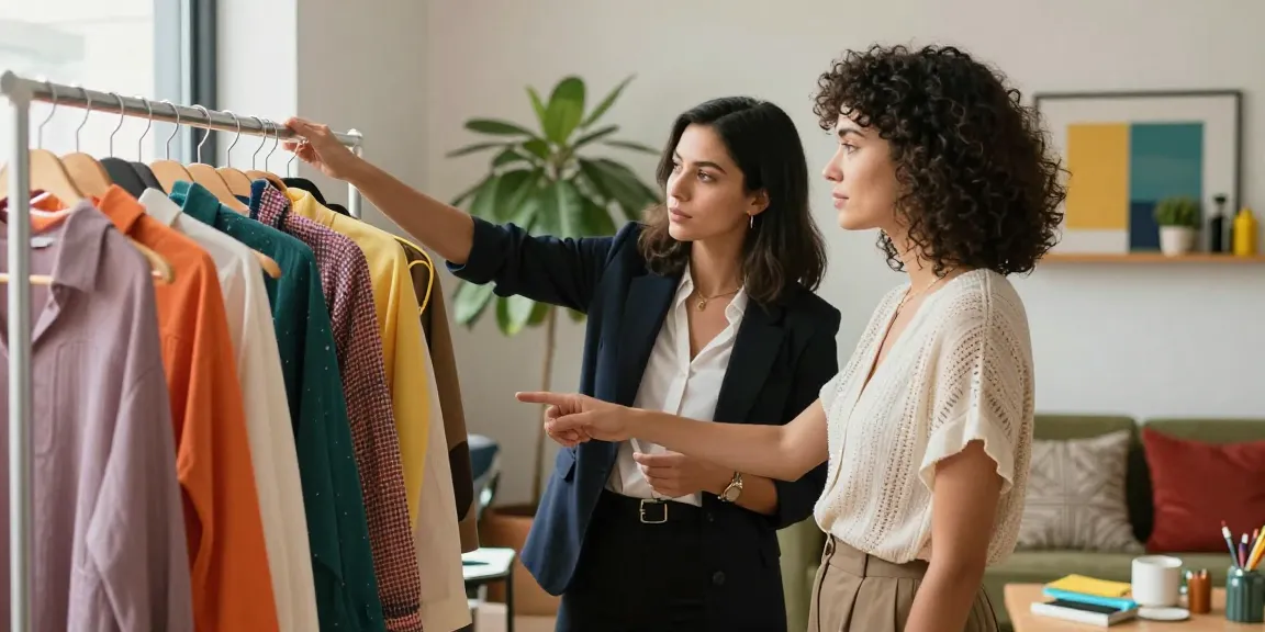 Consulente d'immagine che guida un cliente nella scelta di outfit in un ambiente elegante.