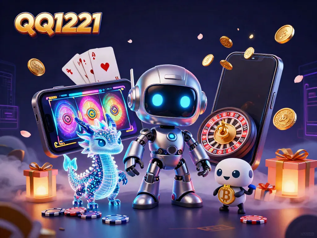 Experience thrilling gameplay with QQ1221 through a vibrant 3D casino scene featuring futuristic characters and gambling elements.