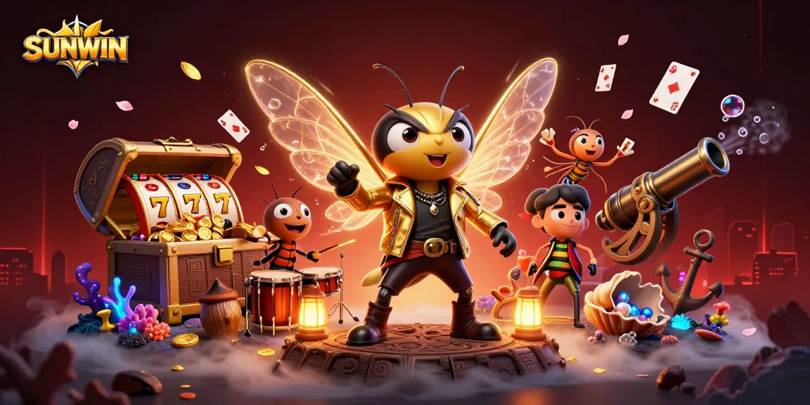 SUNWIN's vibrant 3D scene celebrates gambling with a rock star cicada, colorful visuals, and winning themes.