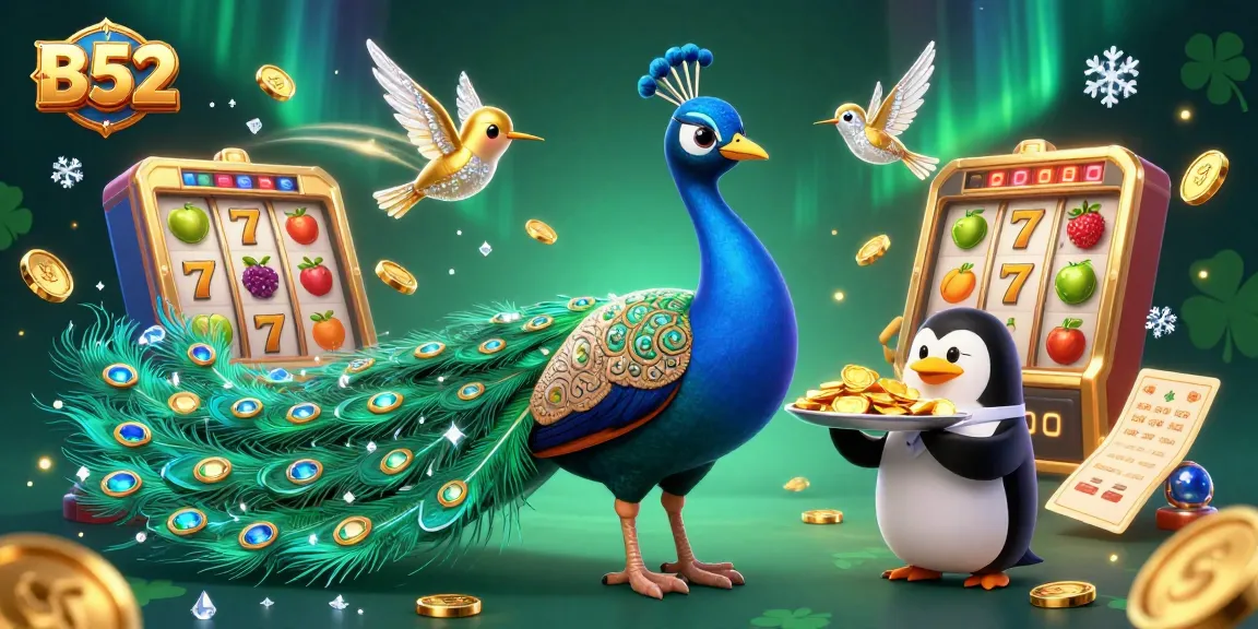 B52 slot games come to life with a peacock, butler, and hummingbird in lavish casino action.