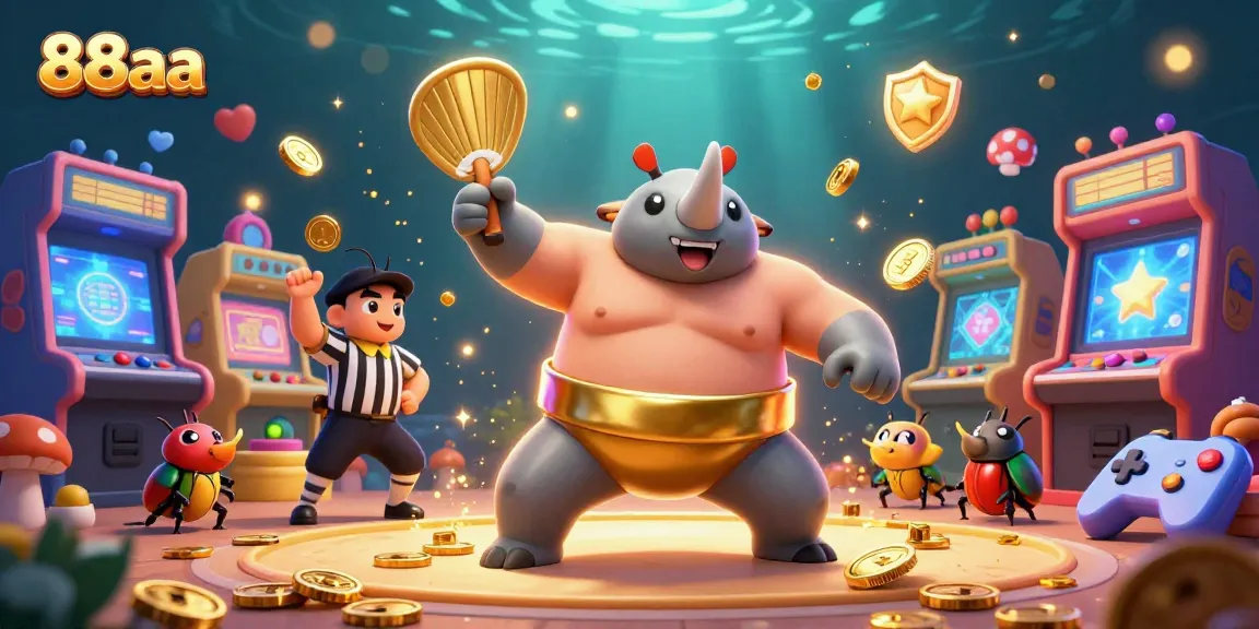 Experience the thrilling excitement of 88aa as our sumo beetle champion sends gold coins flying in a vibrant gaming scene.