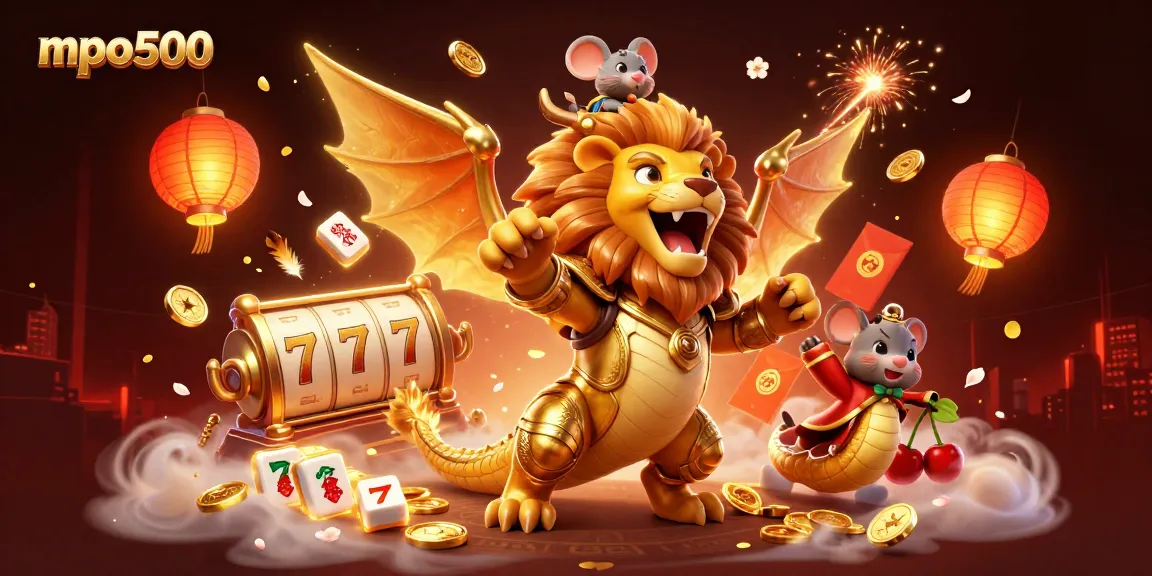 Experience the excitement of mpo500 with a vibrant 3D casino scene featuring dynamic slot elements and a roaring chimera.