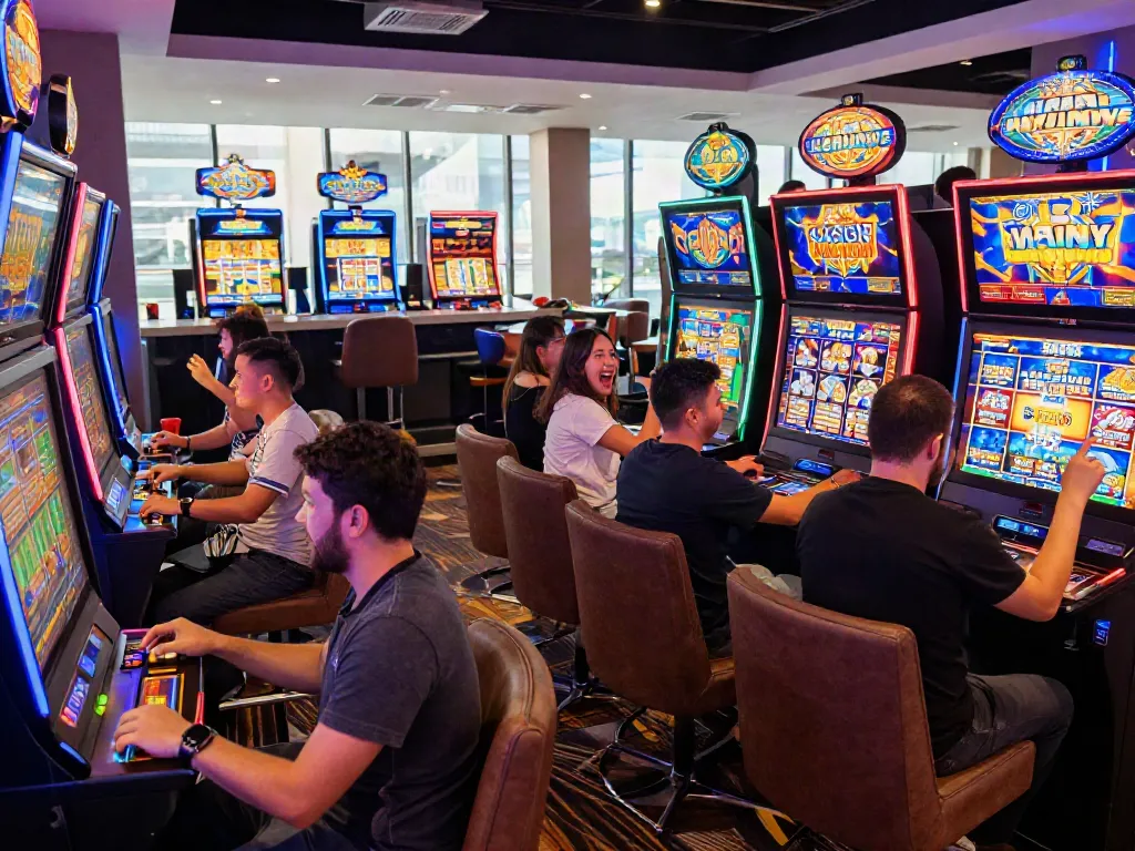 Engaged players enjoying slot gacor games in a lively casino setting
