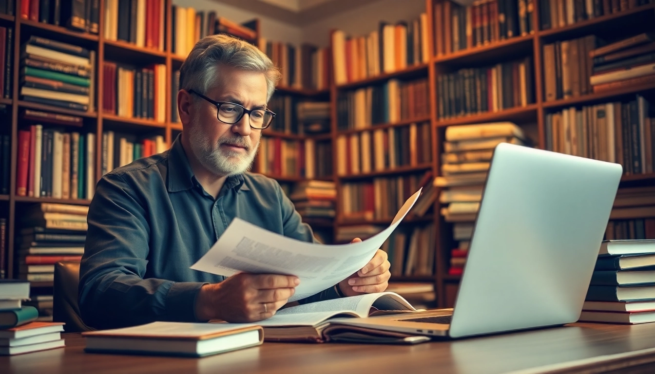 Author reviewing manuscript highlighting online book publishing india service.