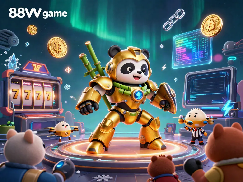 88VV game animation featuring a mech-suit panda and slot reels in a vibrant casino arena.