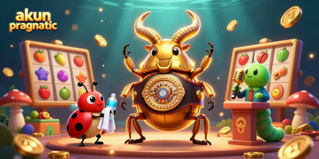 Experience excitement with akun pragmatic in this vibrant 3D casino scene featuring a golden stag beetle.
