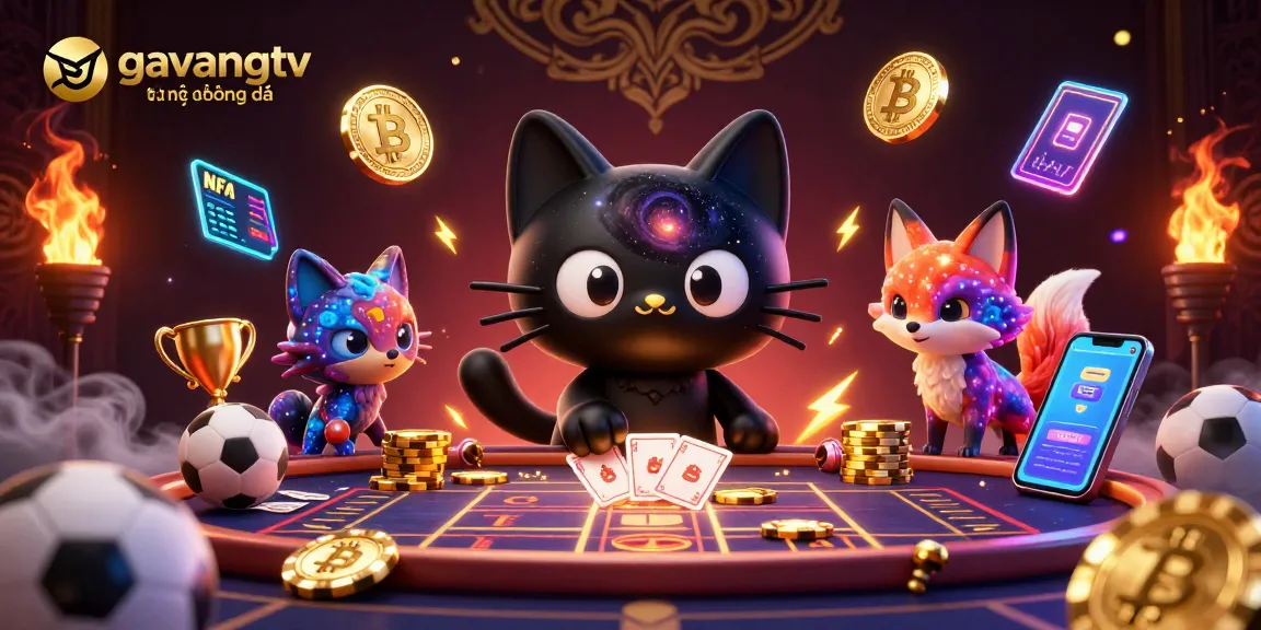 Experience gavangtv trực tiếp bóng đá with a cosmic sports betting scene featuring a black hole cat and nebula fox.