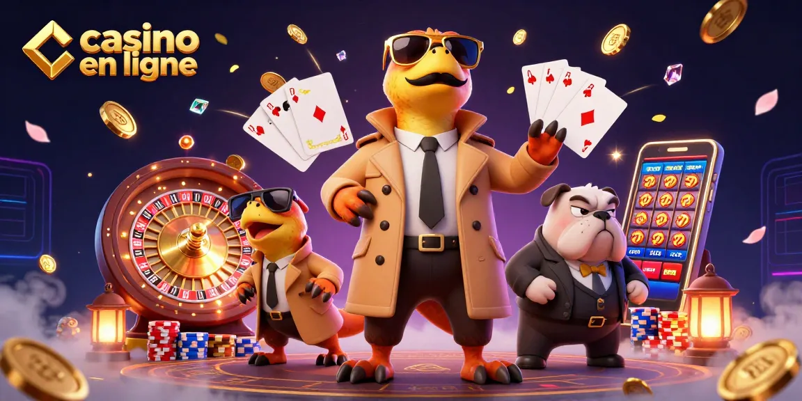 Les raptors déguisés en homme s'introduisent dans un casino en ligne, entourés de pièces d'or et de jetons.