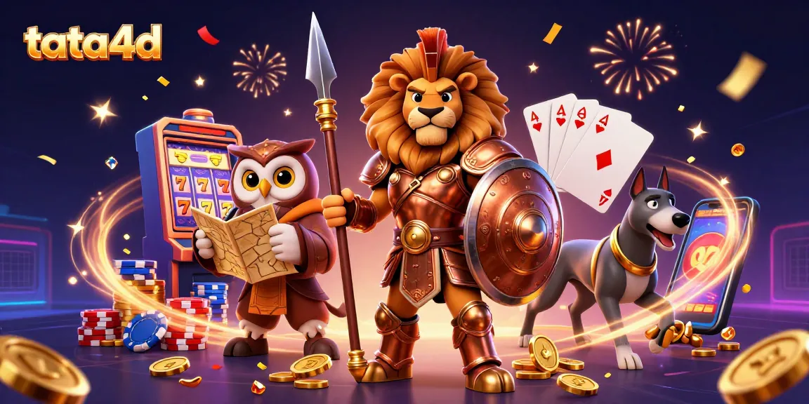 Tata4d showcases an epic scene with a Spartan lion, tactical owl, and greyhound amidst cascading coins and a spinning slot machine.