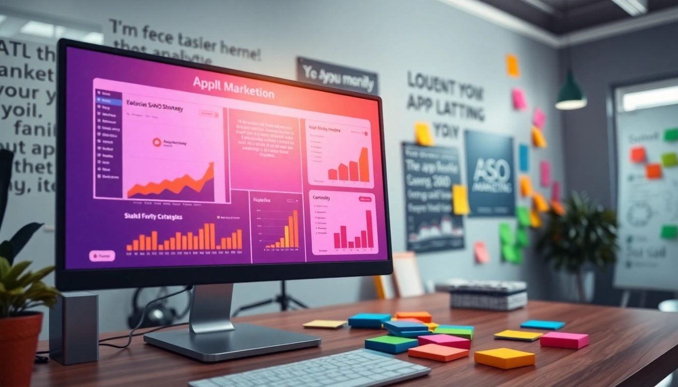 Engaging ASO tips visual with a digital workspace full of app optimization strategies.