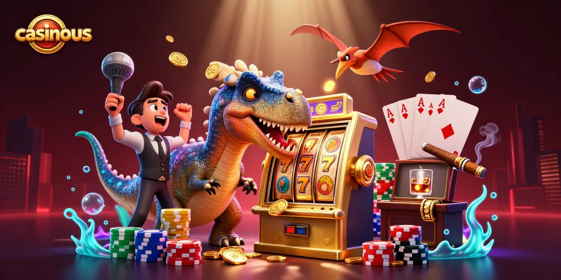 casinous offers a thrilling scene of cartoon dinosaurs engaging in casino action with slot machines and poker chips