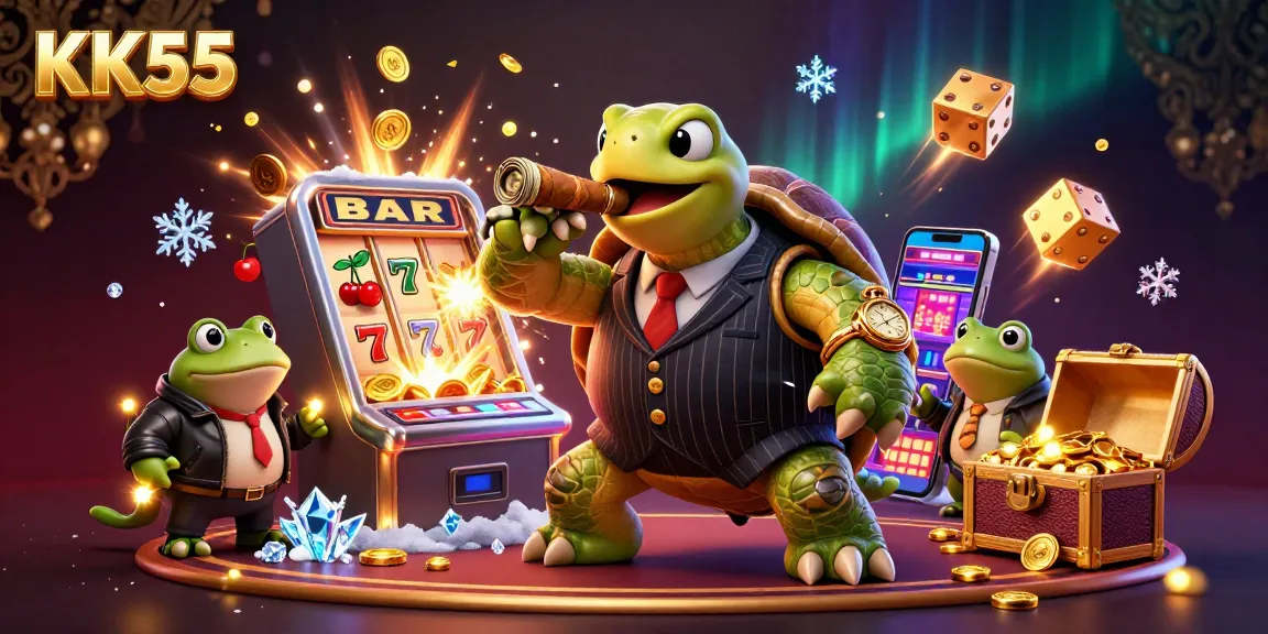 Experience the vibrant energy of KK55 casino with a dynamic scene featuring a snapping turtle and bullfrog enforcers amidst an explosion of games and jackpots.