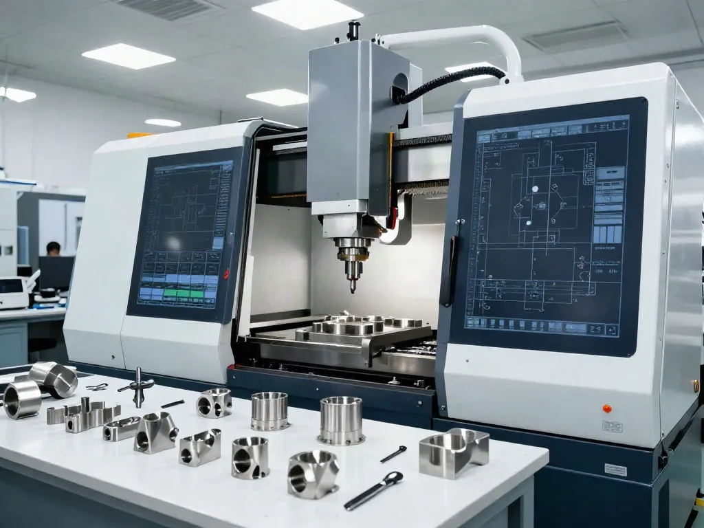 CNC machined stainless steel parts being crafted in a focused workshop.