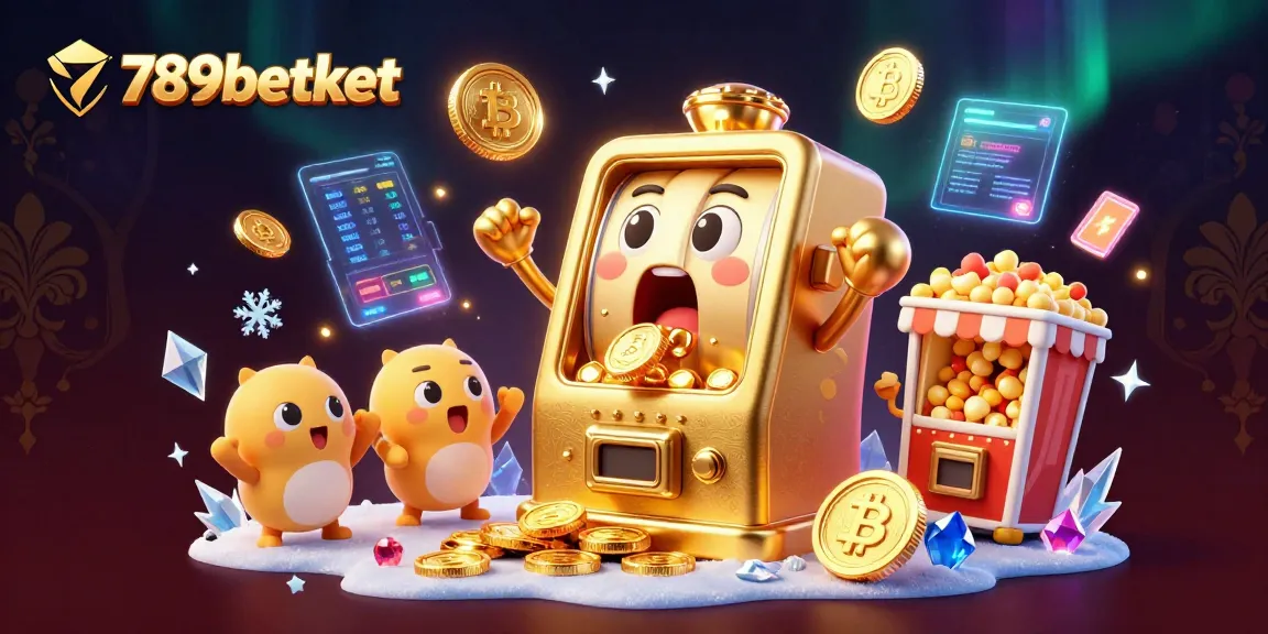 Engage in thrilling moments with 789betket as the golden slot machine hits a jackpot, surrounded by crypto coins.