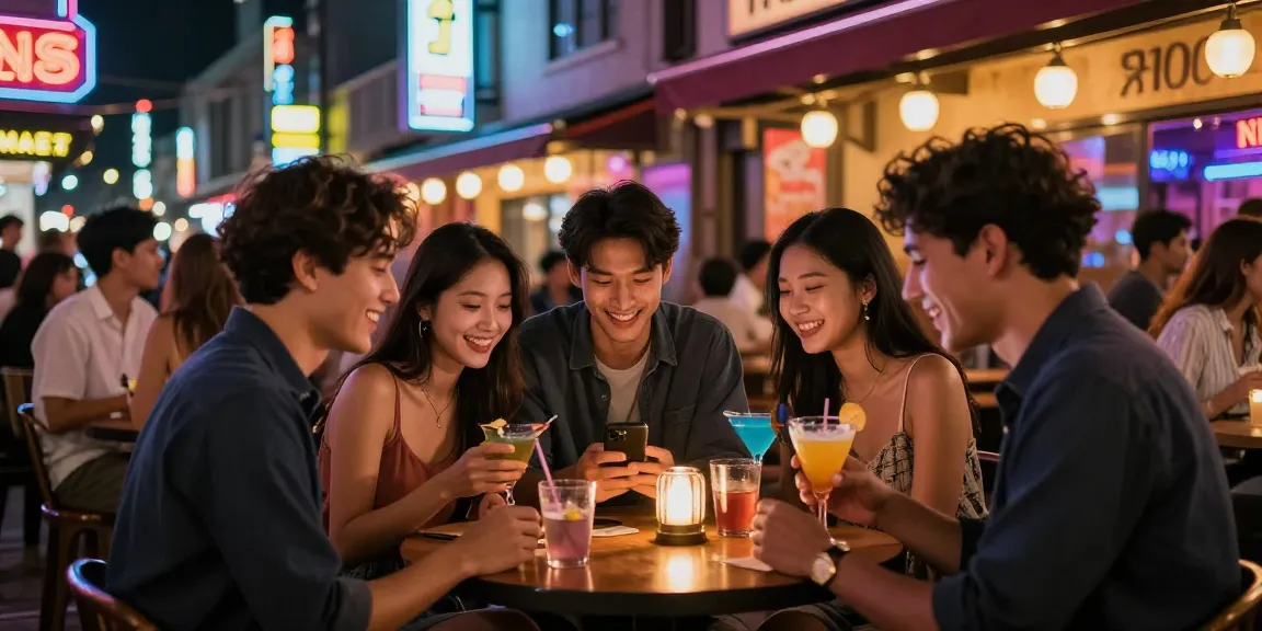 Friends enjoying nightlife at a 유흥사이트 with vibrant neon lights and lively atmosphere.