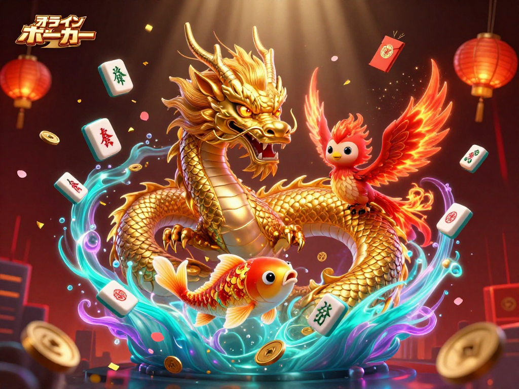 オンラインポーカーの試合で、豪華なドラゴンと鳳凰が特別なゲームを楽しむシーン
