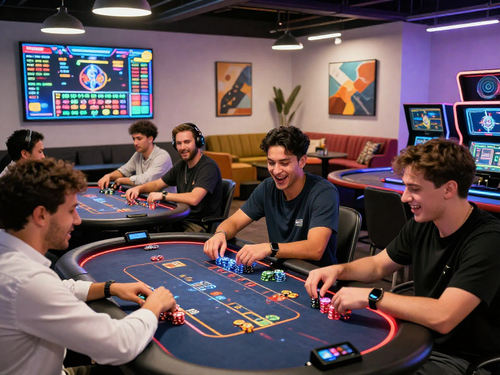 Exciting atmosphere in a crypto casino with players engaged in digital games and vibrant lighting.