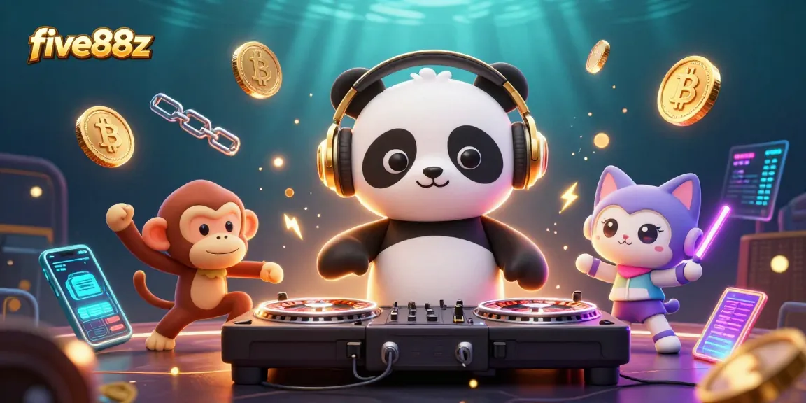 Experience lively gaming with five88z, featuring a DJ panda and a dancing monkey amidst colorful crypto elements.