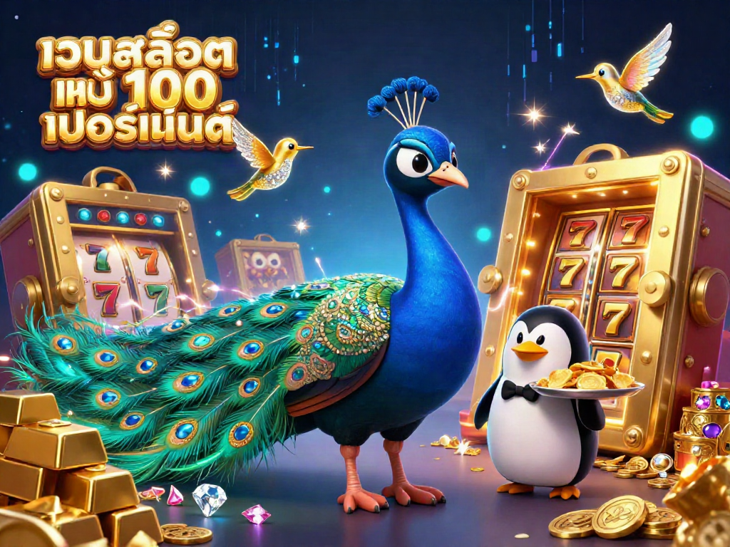 Engage with the vibrant world of เว็บสล็อต แท้ 100 เปอร์เซ็นต์ featuring dynamic characters surrounded by dazzling treasures and casino elements.