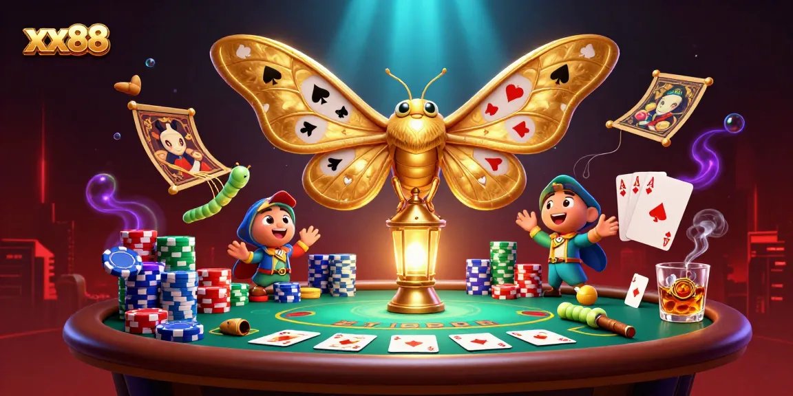 Experience the thrill of xx88 with a vibrant 3D illustration of an atlas moth perched atop a golden lantern, showcasing casino themes.