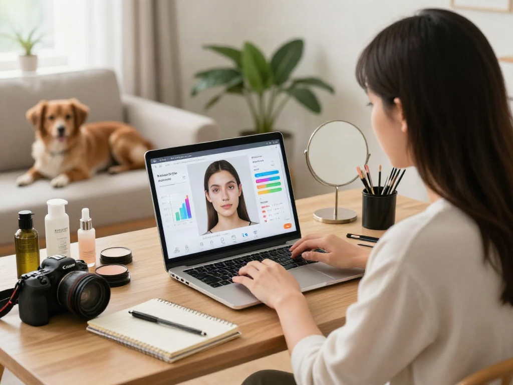 Person taking an attractiveness test with an AI interface on a laptop in a cozy home office, showcasing beauty tools.