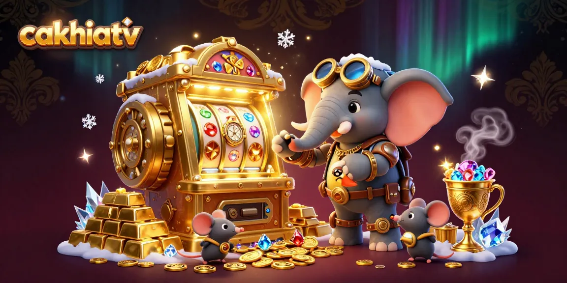Engage in thrilling gameplay with cakhiatv as a steampunk elephant pulls the lever on a golden slot machine.