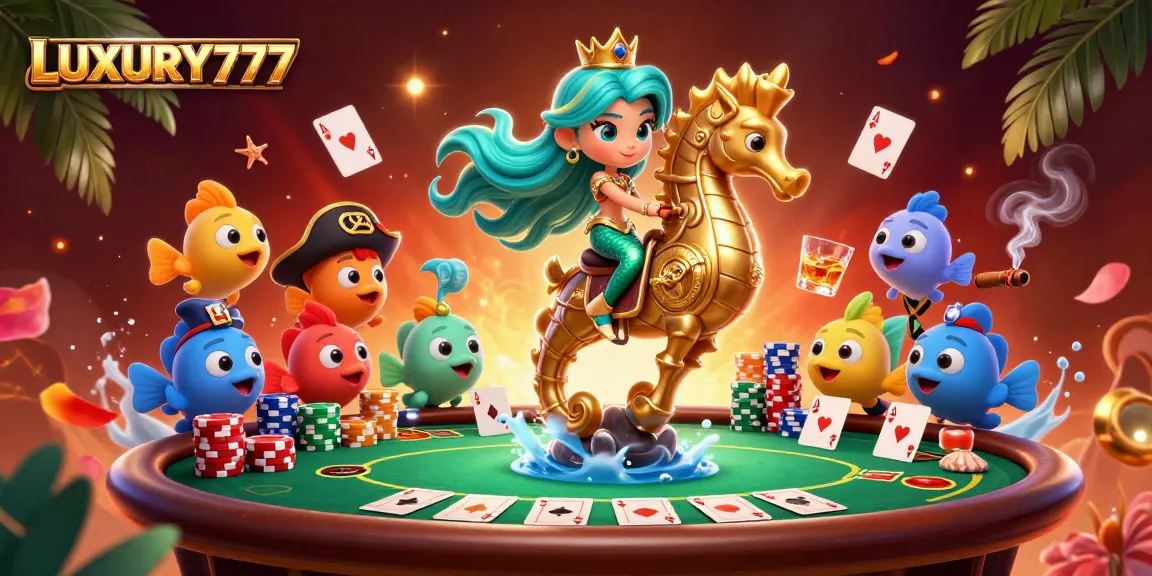 LUXURY777 menghadirkan ilustrasi putri duyung dan kuda laut di meja poker yang menggambarkan suasana kasino yang meriah.