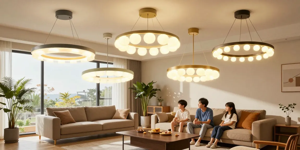 Lustra LED modernă în living decorat cu plante și mobilier contemporary