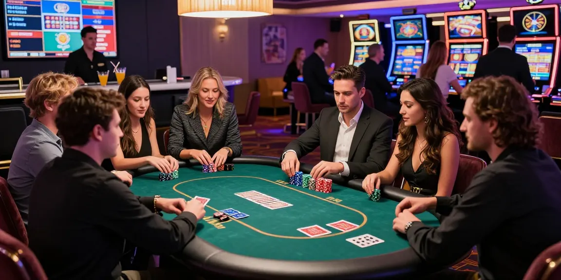 M98 สล๊อตเว็บตรง gaming friends enjoying poker night in vibrant casino