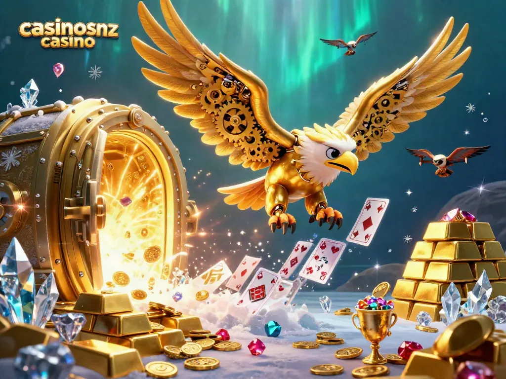 Explore the thrilling casinosnz casino scene with a cybernetic eagle and riches.