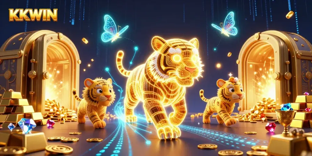 Engage in thrilling gameplay at KKWIN with glowing golden treasures and energetic casino vibes.