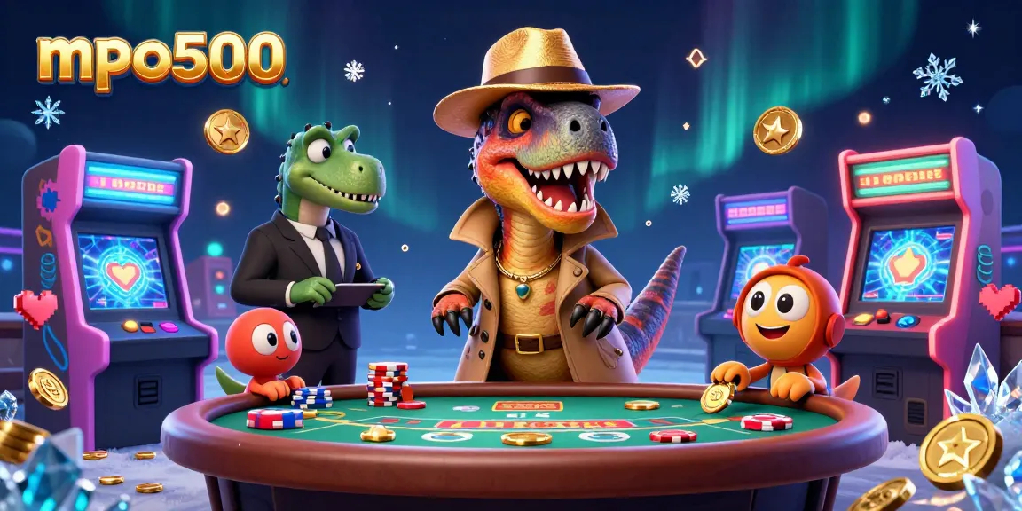 Bet big on the mpo500 blackjack table with a velociraptor card counter and stegosaurus pit boss in a lively casino scene.