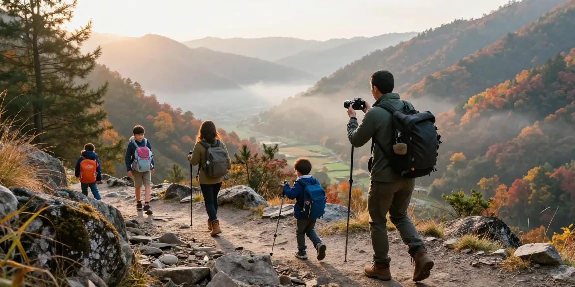 Family enjoying an outdoor adventure while hiking at mantra88, capturing memories in a scenic mountain landscape.