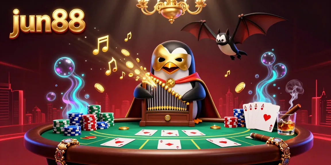 Engage with jun88 as the phantom opera penguin orchestrates a grand casino scene filled with golden coins, poker chips, and dynamic elements.