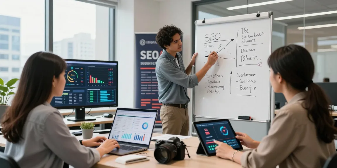 Expert team strategizing iGaming link building in a modern office meeting.