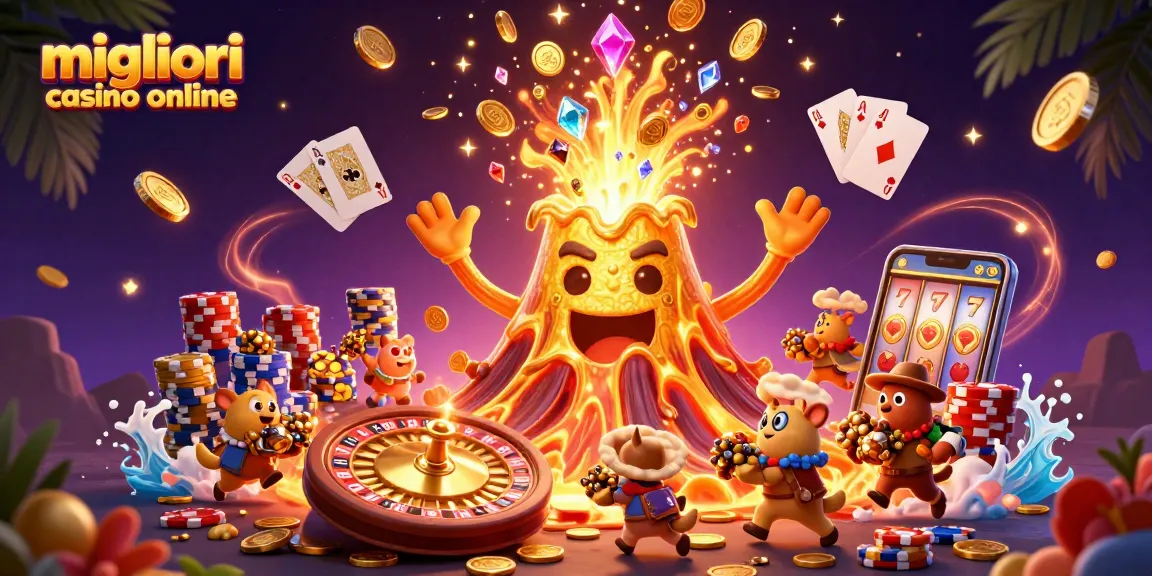 Scopri i migliori casino online con un vulcano dorato che erutta oro e gioielli, evento di festa casinò!