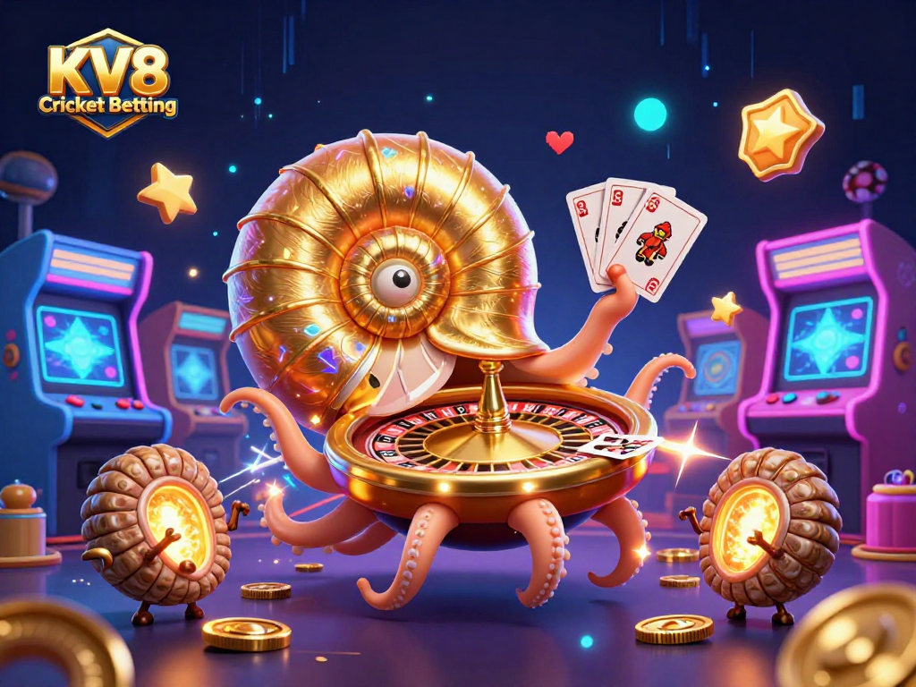 Join the excitement of KV8 Cricket Betting with a vibrant 3D illustration showcasing casino-themed elements.