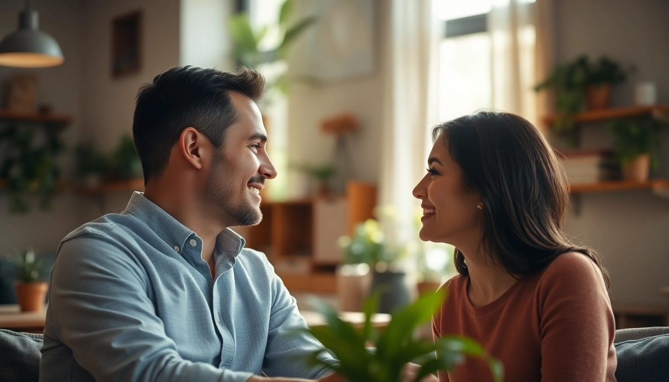 Connect with marital resources in a warm, inviting conversation between a couple.