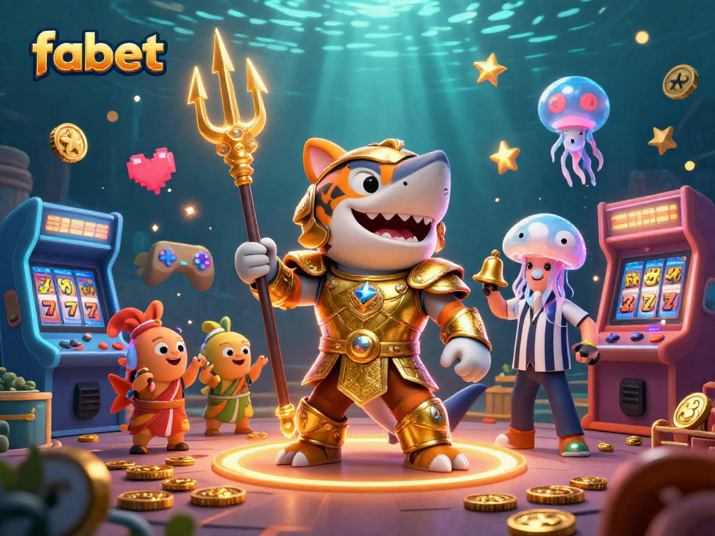 Engage with fabet in an underwater casino, led by a fierce tiger shark wielding a trident.