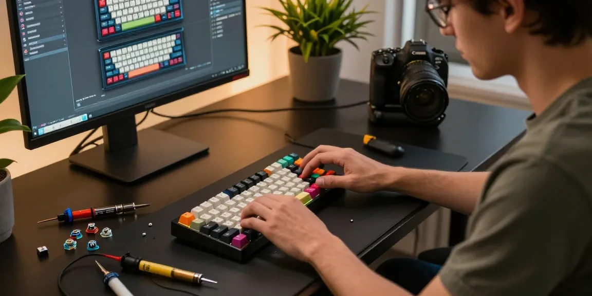 Enthusiast building an mchose keyboard amidst colorful keycaps and tools in modern workspace.
