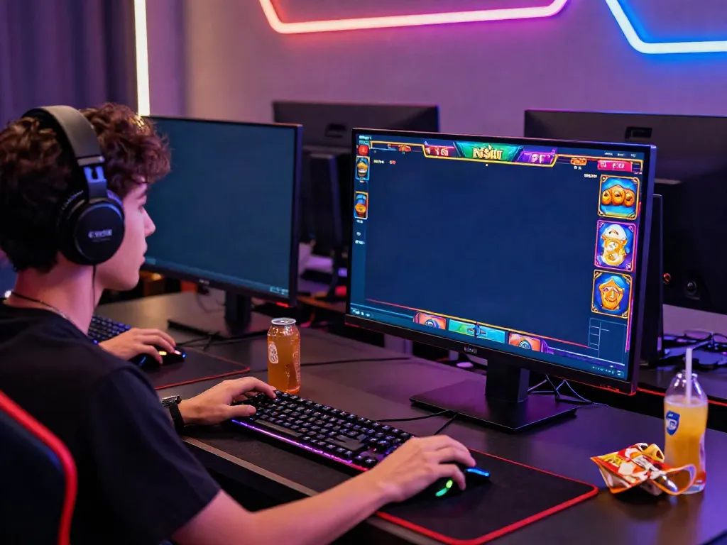Engaged gamer playing PG SLOT on a vibrant desktop setup with colorful graphics.