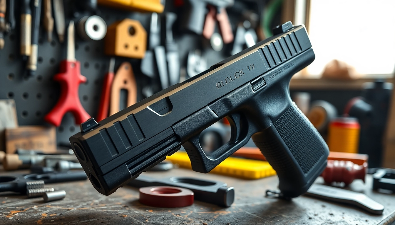 Showcase of a glock 19 slide highlighting its sleek design and precision craftsmanship in a workshop.